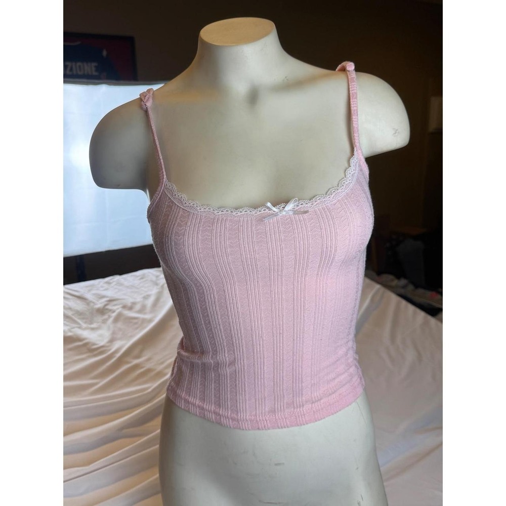 Dainty pointelle baby pink coquette tank with lace detail bow heart detail XS